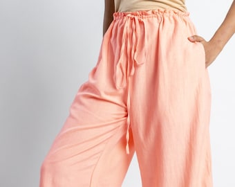Peach drawstrings custom made pant for women, Linen pant, Casual pants, Made to order, Plus size