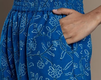 Blue Block-Print Indian Pant, Linen Pant, Elastic Pant, Plus Size, Custom Made, Made to Order
