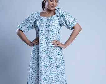 Powder Blue Linen Tunic Dress,  Hand block print dress, Made to order, Custom made, Plus size