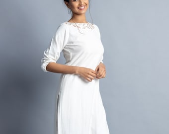 White Embroidered Indian Kurti, Linen Maxi Top, Shift Tunic, Plus Size, Custom Made, Made to Order
