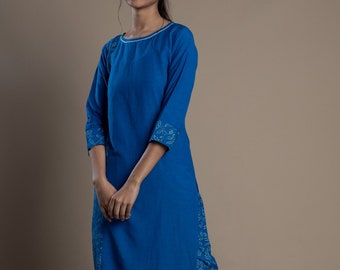 Blue Block-Print Indian Kurti, Linen Maxi Top, Shift Tunic, Plus Size, Custom Made, Made to Order