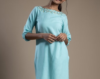 Sky Blue Embroidered Indian Kurti, Linen Maxi Top, Shift Tunic, Plus Size, Custom Made, Made to Order