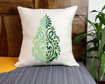 Handmade Linen Cushion Cover, hand painted and embroidered linen cushion cover, linen cushion cover,