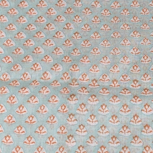 Sky blue Orange floral Print Cotton block print Yardage by Hastha Katha