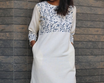 Off-white tunic dress for women, Linen shift dress, Hand block print dress, Linen tunic dress, Made to order, Custom made, Plus size