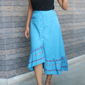 High low skirt for women, Turquoise linen maxi skirt, Button down skirt, Long skirt, Custom made, Made to order, Plus size