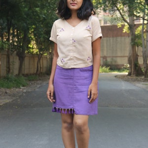 Mini skirt for women, Purple linen skirt, Tassel skirt, Made to order, Custom made, Plus size