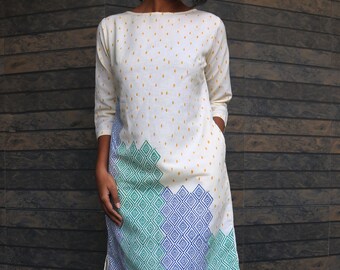 Off-white tunic dress for women, Linen shift dress, Hand block print dress, Linen tunic dress, Made to order, Custom made, Plus size