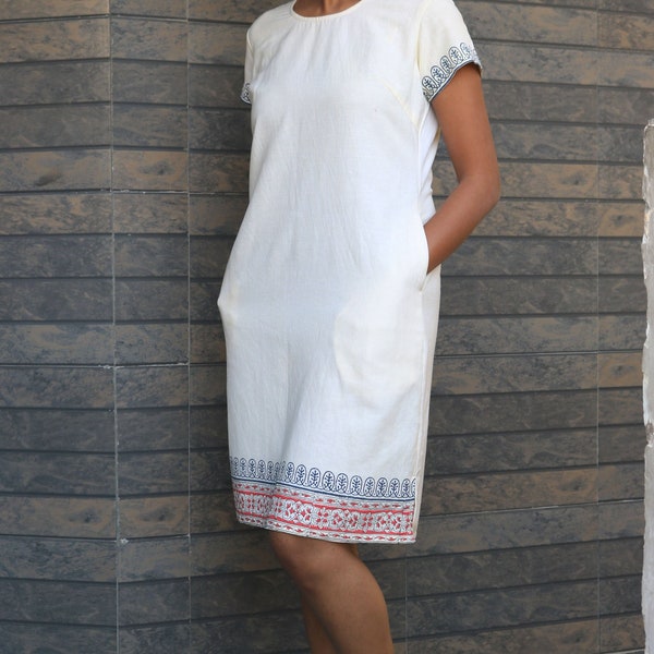 Vestido de túnica de lino blanquecino para mujer, vestido de cambio de lino, vestido con estampado de bloques de mano, vestido de túnica de lino, hecho a pedido, hecho a medida, talla grande