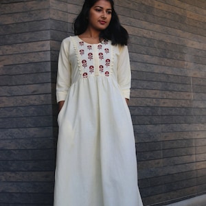 Maxi dress for women, Linen maxi dress, Block print dress, Off white linen dress, Plus size, made to order, custom made