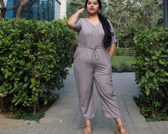 Women Gray baggy Linen jumpsuit Casual Summer Handmade, Made to order, Custom made, Plus size