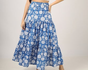 Blue Hand-block printed Cotton Maxi Skirt Layered Maxi Skirt, Floral Cotton Skirt, Plus Size, Custom Made, Made to Order