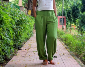 Unisex Emerald Green pants for women, Custom made baggy linen pant, Bohemian pants, Made to order, Plus size