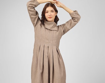 Winter Pebble grey maxi dress for women, Wool pleated dress, Made to order, Custom made, Plus size