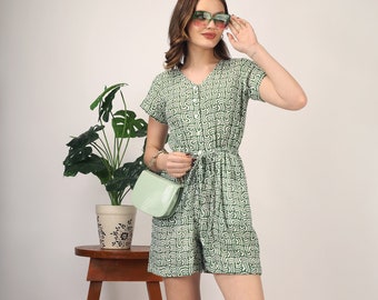 Green block print cotton jumpsuit, Jumpsuit for women, Plus Size, Made to order, Custom made
