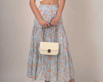 Sky Blue and Orange Hand-block printed Cotton Maxi Skirt Layered Maxi Skirt, Floral Cotton Skirt, Plus Size, Custom Made, Made to Order