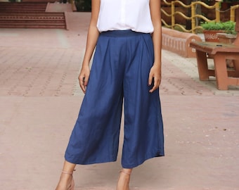 Navy blue pleated linen pant for women, Custom made, Made to order, Plus size