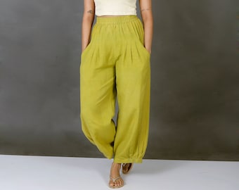 Custom made baggy pants for women, Apple  Green linen pant, Bohemian pants, Made to order, Plus size