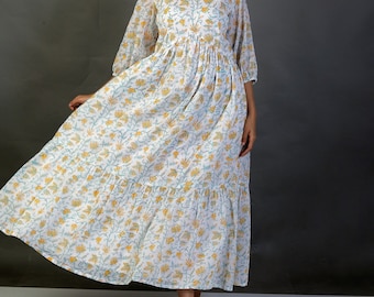 Women white and yellow Vine Print cotton Sundress, Block print dress, Maxi dress, Dress for women, Plus Size, Made to order, Custom made