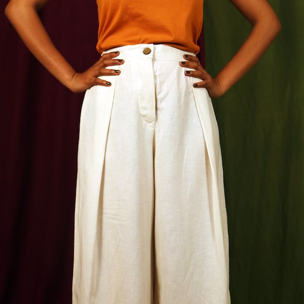 Maßgeschneiderte Faltenhose für Frauen, cremefarbene Leinenhose, formelle Hose, auf Bestellung gefertigt, Plus Size
