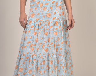 Sky Blue and Orange Hand-block printed Cotton Maxi Skirt Layered Maxi Skirt, Floral Cotton Skirt, Plus Size, Custom Made, Made to Order