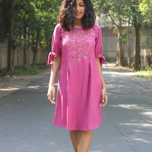 Magenta dress for women, Linen pleated dress, Loose linen dress, Made to order, Custom made, Plus size