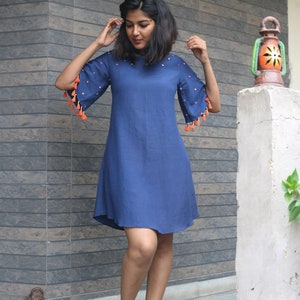 Shift dress for women, Blue linen dress, Tassel dress, Made to order, Custom made, Plus size