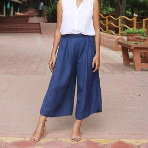 Navy blue pleated linen pant for women, Custom made, Made to order, Plus size