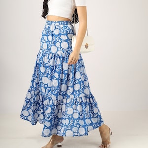 Blue floral hand block printed cotton maxi skirt with 3 tiers