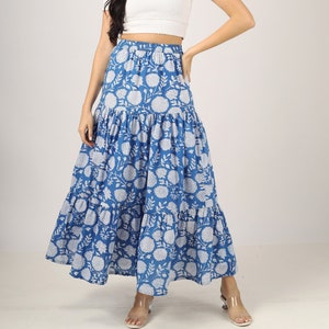 Blue Hand-block printed Cotton Maxi Skirt Layered Maxi Skirt, Floral Cotton Skirt, Plus Size, Custom Made, Made to Order image 1