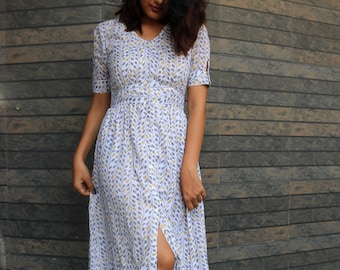 Grey Block Butti Print Up Down Dress
