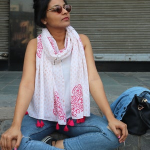 Scarf Indian Print Cotton Handmade Block print, Long Boho scarf wrap, Tassel scarf