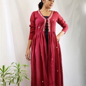 Maroon Mirror-Work Block Printed Soft Cotton Shrug, Plus Size, Made to Order, Custom Made image 1