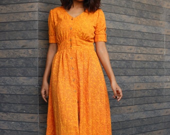 Orange hand block print maxi dress, Button down dress, Custom made, Made to order, Plus size