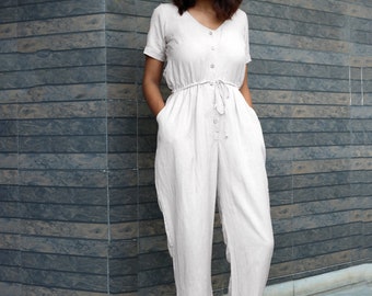 Women White Linen baggy jumpsuit, Casual handmade Made to order, Custom made, Plus size