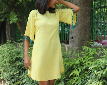 Linen dress for women, Yellow linen dress, Tassel dress, Linen shift tunic dress, Made to order, Custom made, Plus size