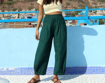 Pantalones holgados unisex de color verde oscuro para mujeres y hombres, pantalón de lino hecho a medida, pantalones Boho, hechos a pedido, talla grande