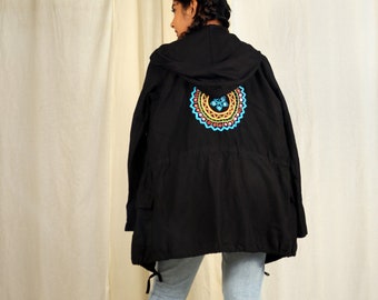 Women Black Embroidered Handmade Jacket, Utility Linen Jacket, Made to Order, Plus Size, Custom Made
