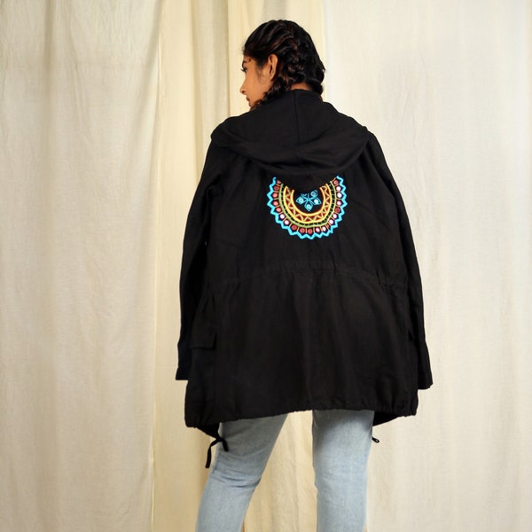 Frauen schwarze bestickte handgemachte Jacke, Gebrauchs-Leinenjacke, auf Bestellung, Plus Größe, nach Maß