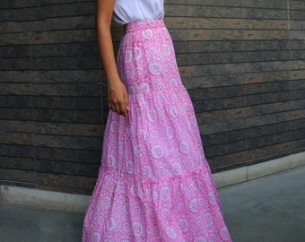 Pink Hand-block printed Cotton Maxi Skirt, Layered Maxi Skirt, Floral Cotton Skirt, Plus Size, Custom Made, Made to Order