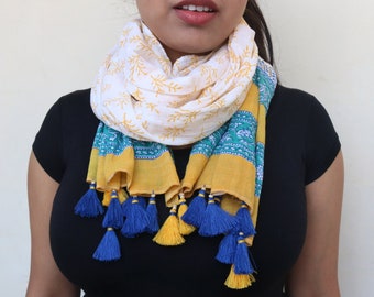 Block printed cotton scarf, Boho scarf, Print wrap, Long scarf, Tassel scarf, Indian print scarf, Indian print wrap