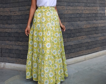 Yellow Hand-block printed Cotton Maxi Skirt, Layered Maxi Skirt, Floral Cotton Skirt, Plus Size, Custom Made, Made to Order