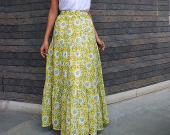 Yellow Hand-block printed Cotton Maxi Skirt, Layered Maxi Skirt, Floral Cotton Skirt, Plus Size, Custom Made, Made to Order