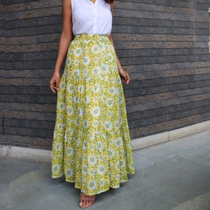 Yellow Hand-block printed Cotton Maxi Skirt, Layered Maxi Skirt, Floral Cotton Skirt, Plus Size, Custom Made, Made to Order