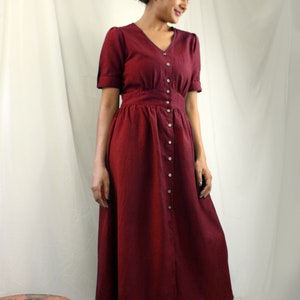 Maroon linen maxi dress, Button down dress, Custom made, Made to order, Plus size