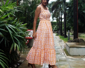 Women orange soft cotton dress Block print maxi Sundress, Plus Size, Made to order, Custom made