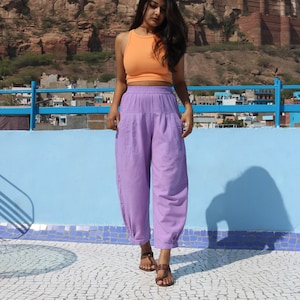 Unisex Lilac custom made baggy pants for women and men, Bohemian linen pants, Made to order, Plus size image 1