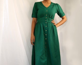 Dark Green linen maxi dress, Button down dress, Custom made, Made to order, Plus size