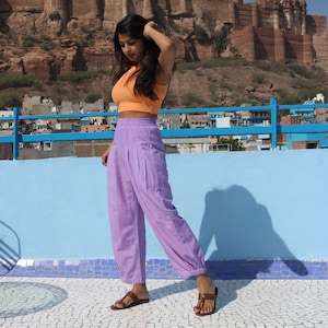 Unisex Lilac custom made baggy pants for women and men, Bohemian linen pants, Made to order, Plus size image 2