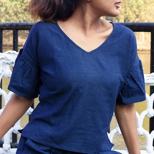 Royal Blue linen top, Frill sleeve top for women, Linen blouse, Made to order, Custom made, Plus size